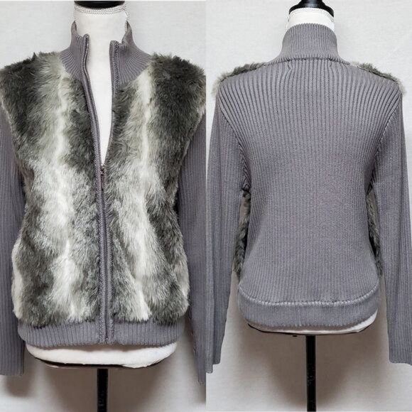 Victoria Harbour Vintage 1990s Faux Fur Ribbed Knit Mock Neck Sweater Jacket - Picture 2 of 14